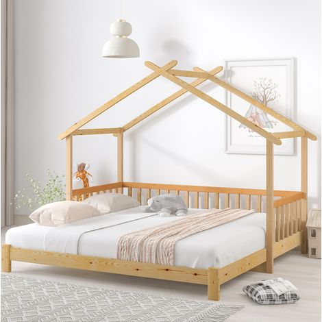 Cama infantil extensible 208x182x170 cm natural de pino macizo con estructura de casa (1/5)