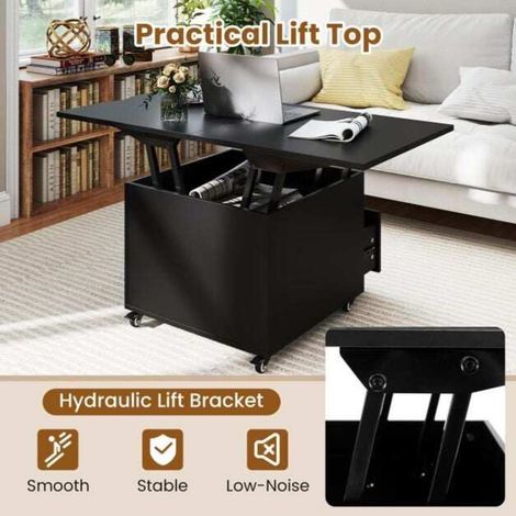 Mobile sur Roulettes Table Basse Relevable et Extensible 3 en 1 Plateau Pliable Rangement Caché Noir (1/5)