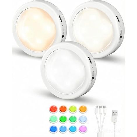 Dimmable Wireless Cabinet Lights, 3 Colors RGB LED Night Light with Remote Control and Timer Function, Rechargeable for Bedroom, Wardrobe, Stairs