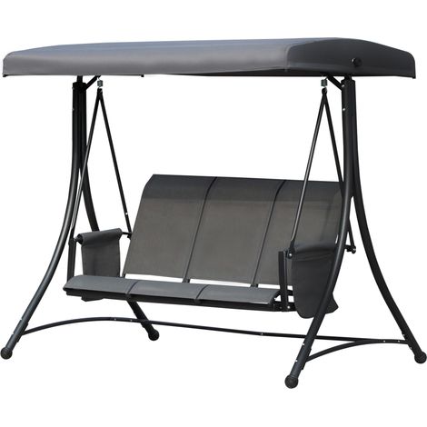 Balancelle Hollywood 3 places avec poche latérale et pare-soleil réglable, supportant jusqu'à 300 kg, idéale pour le jardin ou la terrasse. Dimensions : 196 x 128 x 172 cm. Couleur : gris foncé. (1/5)