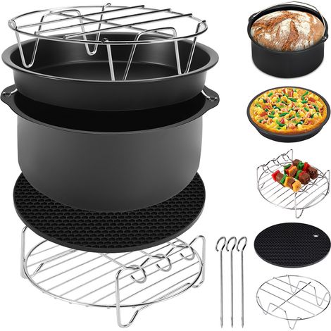 Monzana Accessori per friggitrice ad aria 8 pz. cestello per pane 3,6L teglia per pizza tapetino silicone griglia 3 spiedi (1/5)