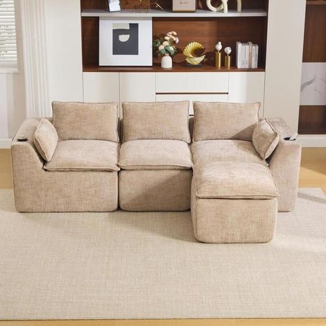Canapé - KOMHTOM - Canapé modulaire 3 places - Velours côtelé kaki - Avec pouf et porte-gobelets - 256x161x75 cm (1/5)