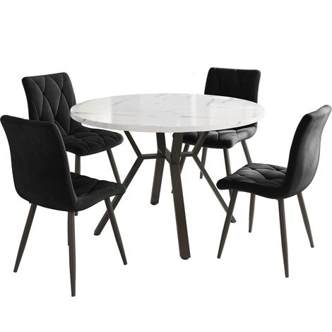 Ensemble table et chaises 5 pièces, ensemble de salle à manger rond moderne et épuré en marbre, pieds de table en métal noir + 4 chaises ergonomiques en daim noir (1/5)