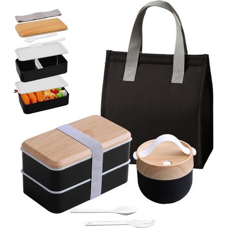 Lunch Box avec Sac Kit, 1400ML Boite Repas - avec 7.5L Sac Lunch Box Isotherme et 600ml Mug Soupe et Couverts, Lunchbox Micro(Noir) (1/4)