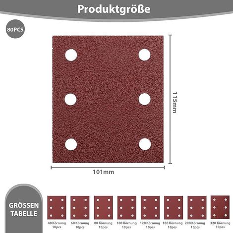Lot de 80 feuilles de papier abrasif de rechange pour Makita BO4555 BO4554 BO4561 DBO484Z DBO480Z BO4565K BO4565J BO4565, 115 x 101 mm avec grain 40 60 80 100 120 180 240 32 0,6 trous. - Design (1/4)