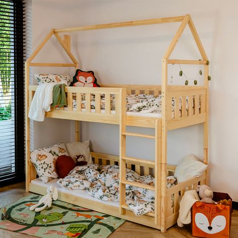 Lit cabane superposé 90x200 au sol sommiers inclus Mathias Bois (1/4)
