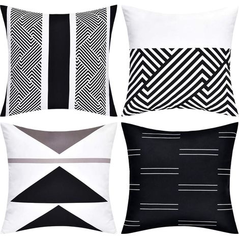 Ensemble de 4 housses de coussin décoratives à motifs géométriques modernes pour lit, canapé, fauteuil ou bureau, 45 x 45 cm, noir et blanc (1/5)