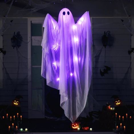 Fantôme Lumineux à Suspendre pour Halloween de 119 cm avec lumière LED Violette effrayante, fantôme Blanc Volant pour Halloween (1/5)
