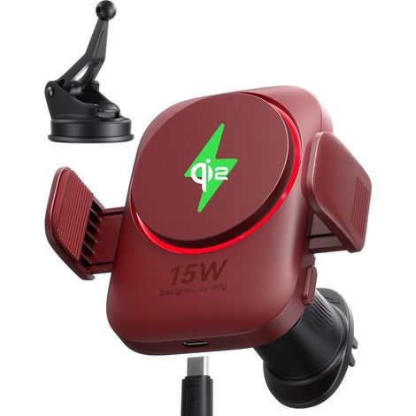 Mag-Safe 15W Induction Car Phone Holder, Qi2 Certified Car Induction Charger with Fan and LED, Fast Charging, Compatible with 16 Pro Max/15/14/13/12 etc, Red (1/5)