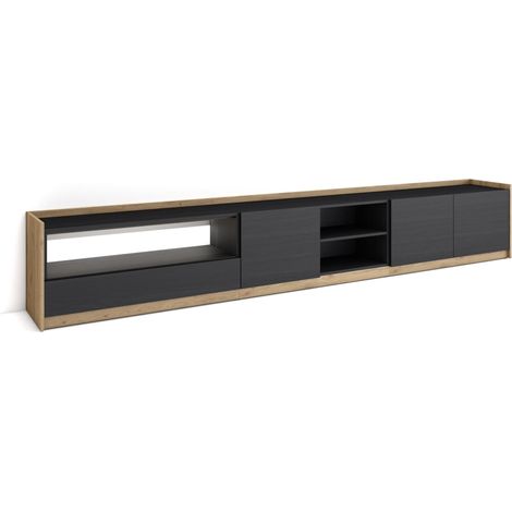 Skraut Home - Mueble TV, Televisión, Muebles de salón, almacenaje, 310x37x50cm, Para TV hasta 80", LED, Estilo Moderno, Negro y roble (1/5)