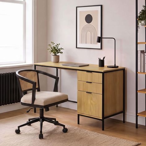 Wisbech Brown Desk & Nola Rattan Black Swivel Chair Set (1/5)