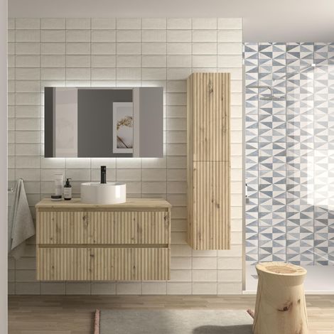 Mueble de Baño KIRA 100cm Roble 2 cajones Lavabo sobre encimera 1 poza Porcelana (1/5)
