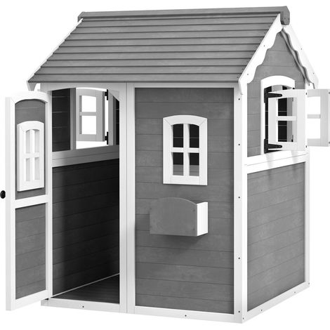 Kinderspielhaus aus Holz Spielhaus Outdoor mit Tür, Fenster und Pflanzkasten, Kinderhaus, Gartenhaus für Kinder 3-8 Jahre Aosom