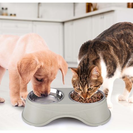 Doppia Ciotola per Animali Domestici Scodella in Acciaio Cani e Gatti Grigio