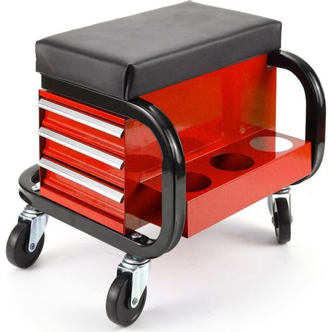Asiento taburete de taller con 3 cajones, soportes para spray y ruedas giratorias 360 (1/5)