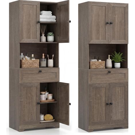 armoire de salle de bains haute tour à linge organisateur autoportant placard de cuisine buffet meuble en bois 4 portes tiroir étagère réglable comp (1/5)