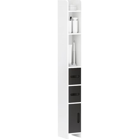 Colonna Bagno con 3 Mensole e 3 Armadietti, in Legno, 15x17x120 cm, Bianco e Nero