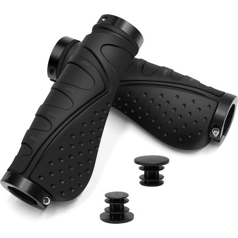 Poignées de guidon vélo ergonomiques antidérapantes en caoutchouc avec embouts aluminium, noir (22mm) (1/5)