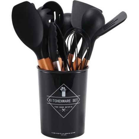 Set di 11 utensili da cucina in silicone con manici in legno (nero) (1/4)