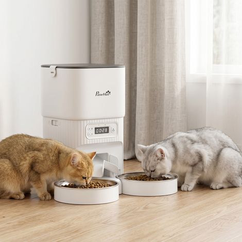 Distributeur automatique de croquettes pour chat avec minuterie, contrôle des portions et 2 gamelles en acier inoxydable (1/5)