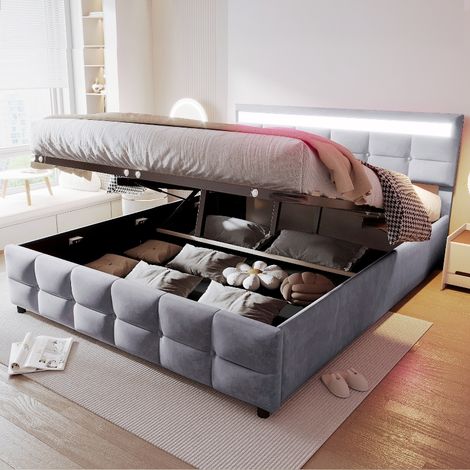 Polsterbett 180x200 cm Grau mit Stauraum und LED-Beleuchtung, Doppelbett aus Samt mit hydraulischem Lattenrost und Bettkasten (1/5)
