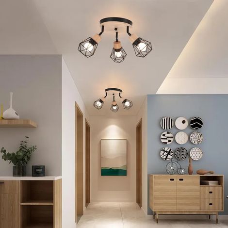 2x Plafonnier 3 Spots Industriel,Lampe de Plafond Spot Vintage en Bois et Métal Abat-jour Design Cage Style Edison pour Salon (1/5)