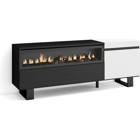 Skraut Home - Meuble TV, Banc Télé, Grand espace de Rangement, 150x57x35cm, Pour les TV jusqu'à 65", Cheminée électrique, Design industriel, Style moderne, Blanc et noir (1/5)