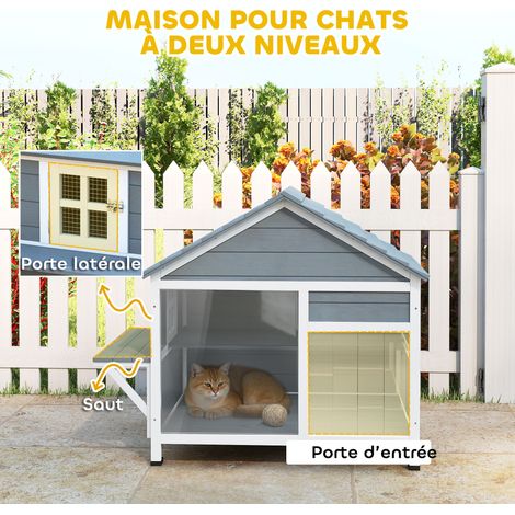 Maison pour Chat Extérieur Toit Ouvrant Fenêtre Panoramique Porte à Lamelles et Plateforme de Repos 101x72,5x81cm Gris (1/5)