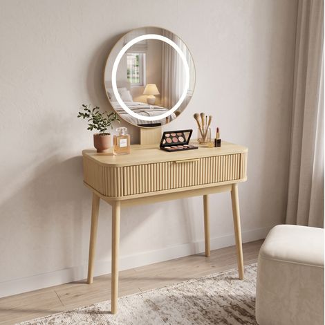 Toeletta con specchio LED rotondo, cassetto e finitura rovere, 80 x 40 x 133 cm (1/5)