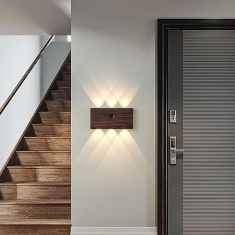 Battery Operated Wall Sconce Rechargeable Motion Sensor Indoor Wall Lights LED Magnetic Up Down Wall Lamp with Touch Switch Walnut Wood Color