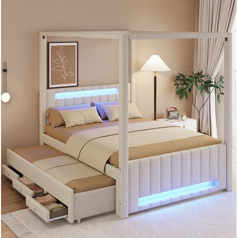 DESVIAE Lit à baldaquin rembourré 140 x 200 cm avec lit gigogne tiroirs de rangement LED beige (1/5)