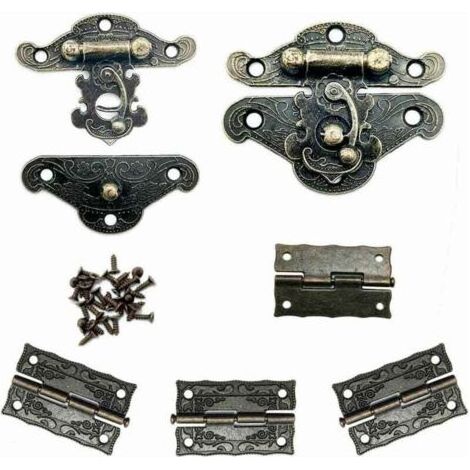 Ulisem Lot de 2 serrures de boîte à bijoux au design antique vintage et 4 charnières vintage, avec suffisamment de vis, couleur bronze (1/4)