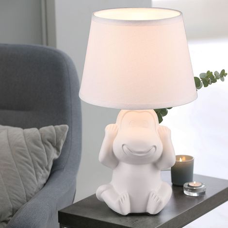 Nachttischleuchte Affe Tischlampe Keramik weiß Beistellleuchte Affe Stoffschirm, Schnurschalter, 1x E14 Fassung, DxH 17x27 cm