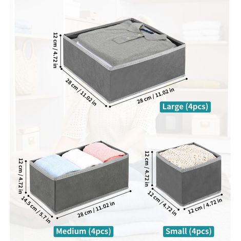 Set di 12 scatole portaoggetti in tessuto non tessuto, pieghevoli e lavabili, ideali per cassetti, armadi e vestiti, traspiranti (grigio) (1/4)