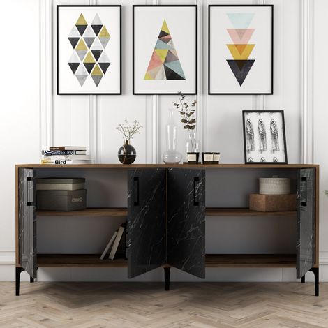 Pollein Anrichte, Sideboard: 2 Ablagen, 4 Türen, 4 Fächer, 180x35x78h cm, Schwarz Marmor (1/5)