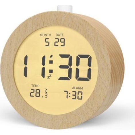 Pr Wooden Digital Alarm Clock, LCD Morning Alarm Clock Digital Clock with Display Date, Temperature, Snooze, Backlight, Battery Powered Digital Clock【3 AAA Batteries Required】 (1/5)