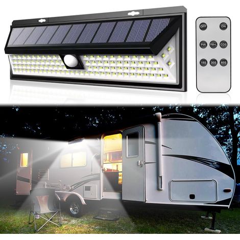 Lot de 2 lampes solaires d'extérieur à 118 LED avec détecteur de mouvement et télécommande, étanches pour camping-car, caravanes, camions de nourriture (1/5)