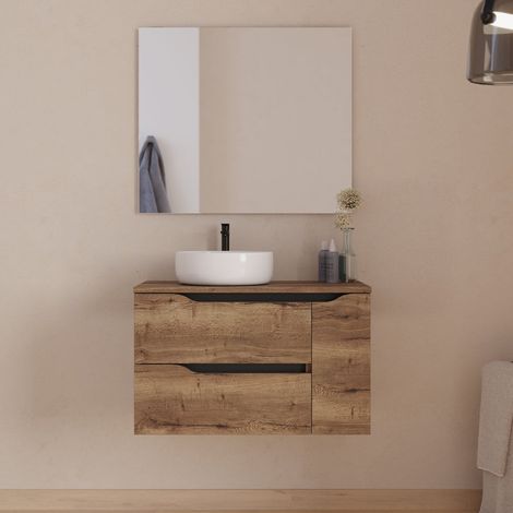 Meuble de salle de bain 80cm avec plateau, vasque à poser déportée à gauche Ares et miroir - 2 tiroirs et un placard - tabaco (bois foncé) - ZARZA