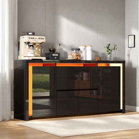 Buffet à trois portes et deux tiroirs 160 x 35 x 75–Finition noire brillante–Éclairage d'ambiance LED intelligent–Pour salon/cuisine /salle à manger