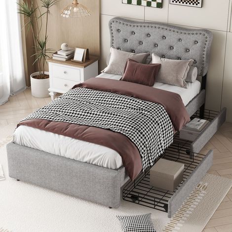 Lit rembourré 90x200 cm avec 2 tiroirs de rangement - lit 1 place - tête de lit réglable, rivets décoratifs, sommier inclus, gris (1/5)