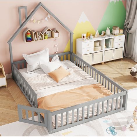 Cama infantil 140/200 cm gris de pino y MDF con forma de chimenea y barandillas (1/5)