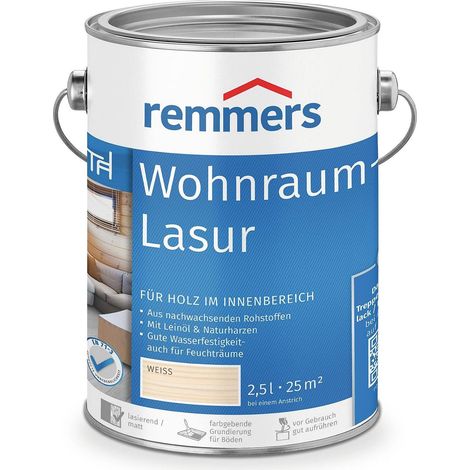 Remmers Wohnraum-Lasur weiß, 2,5 Liter, Holzlasur innen, für Möbel, Böden, Innentüren und Treppen geeignet, mit Abperleffekt