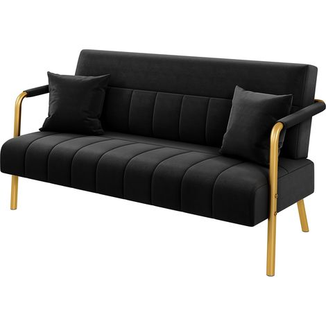 Yaheetech Divano Imbottito a 2 Posti in Velluto Divanetto da Salotto con Braccioli 143,5 cm × 71,5 cm × 75,5 cm Sofa Moderno con 2 Cuscini Divano per Soggiorno Camera da Letto Nero