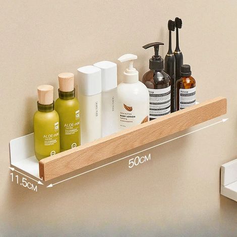 Étagère de salle de bain en bois de hêtre (50 cm), supports de rangement muraux sans perçage, étagères de rangement pour salon, étagères murales (1/5)