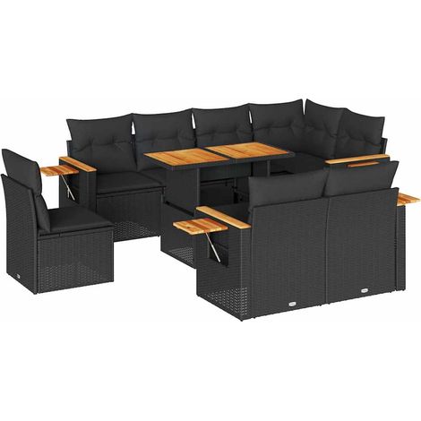vidaXL Set Divani da Giardino 9 pz con Cuscini Nero Polyrattan Acacia (1/5)