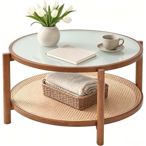 Round 2 Tier Coffee Table with Frosted Tempered Glass Top (1/5)