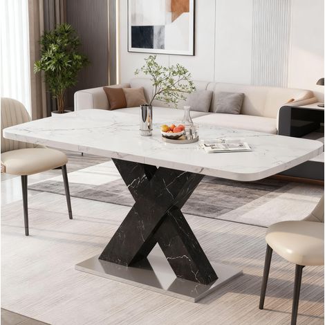 Mesa de comedor extensible 120-160x80x76.5 cm blanco y negro en MDF y acero con efecto mármol (1/5)