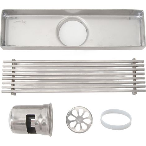 Caniveau de douche linéaire avec grille, longueur 20 cm, largeur 5,5 cm, en acier inoxydable, forme rectangulaire, pour tuyau de 5 cm (2 pouces), système anti-odeurs. (1/5)