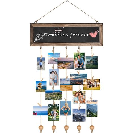 Porte Photo Mural, Cadre photo - Collage - En bois - Avec 30 petites pinces en bois - Rideau photo - Bricolage - Pour la décoration de la maison - Marron (1/5)