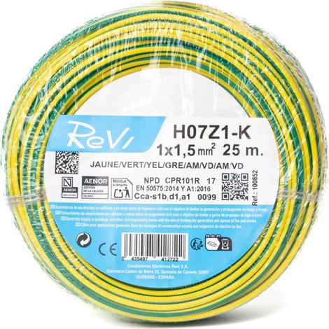 Câble électrique sans halogène 1,5 mm² vert/jaune 25 m  Fil PVC H07Z1-K  Câble électrique (1/5)